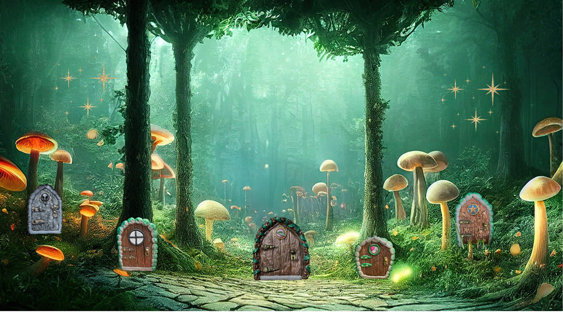 A fantasy forest scene with mushrooms with little fairy doors nestled between the trees