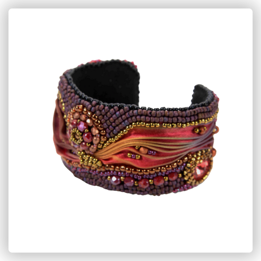 Shibori silk red orange ombre beaded cuff bracelet with crystals.