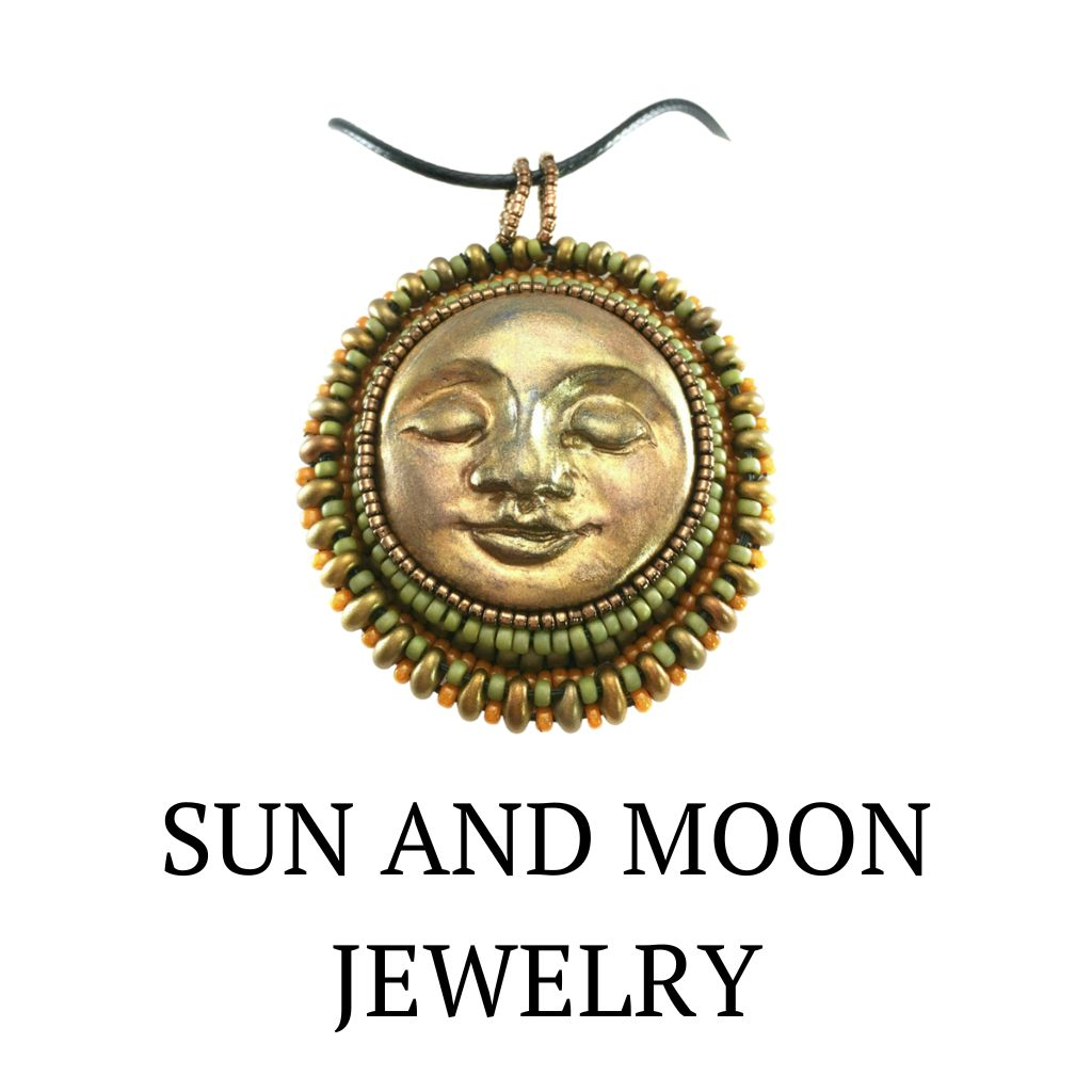 Gold sleeping sun face pendant with orange and green seed bead edging.