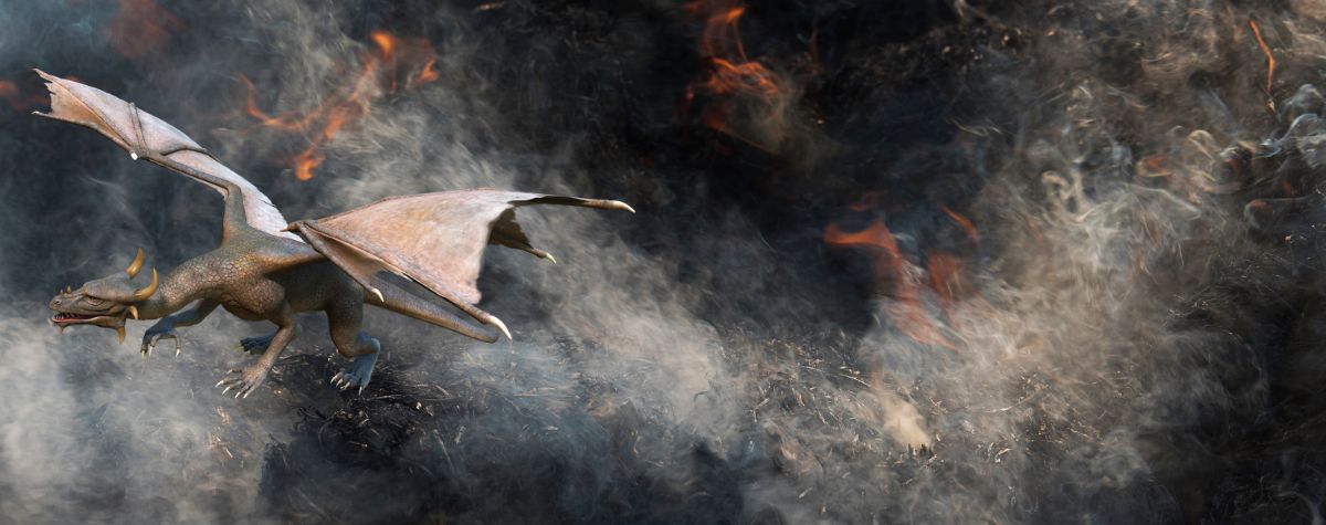 A dragon flying through a dark fantasy smokey background with words Fantasy Collection
