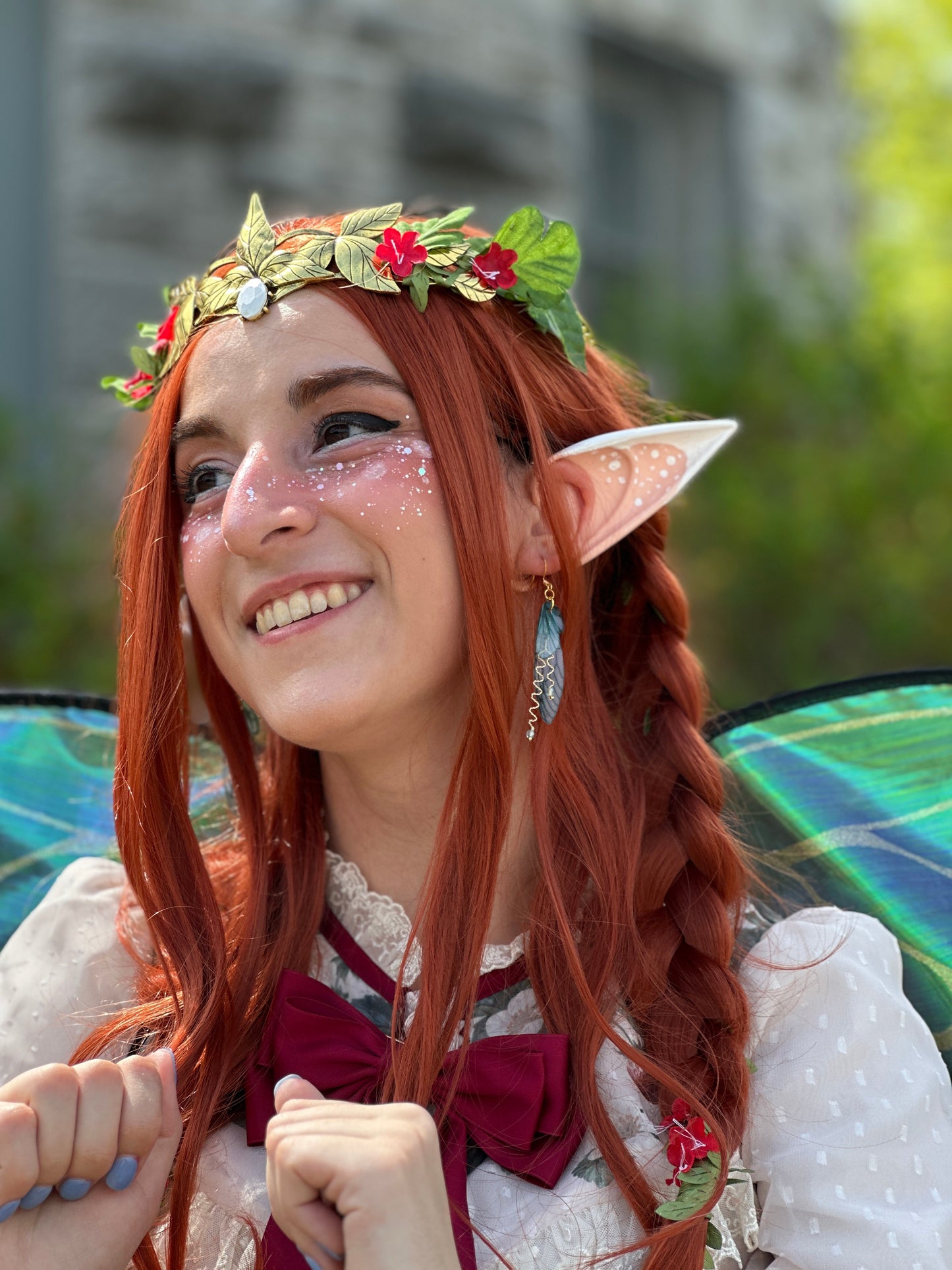 Jessica wearing forest fairy wing earrings