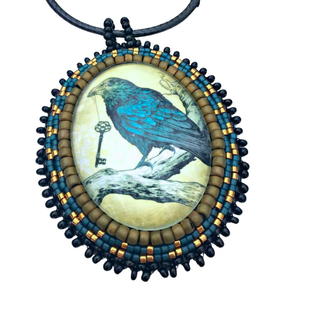 Blue Raven Pendant with Skeleton Key