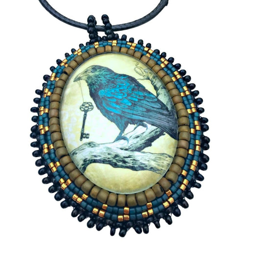 Blue Raven Pendant with Skeleton Key