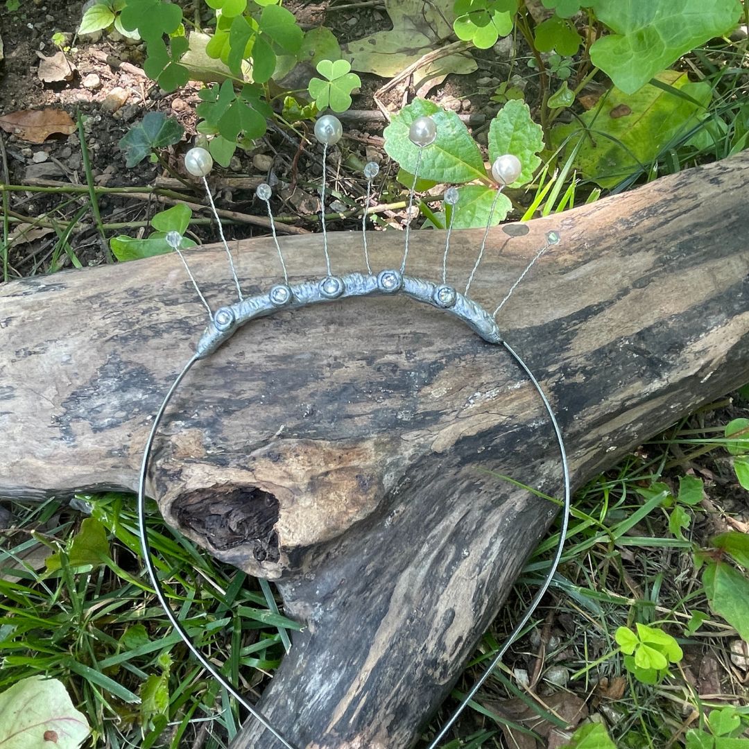 Closeup of celestial tiara lay flat on a log in a garden setting.