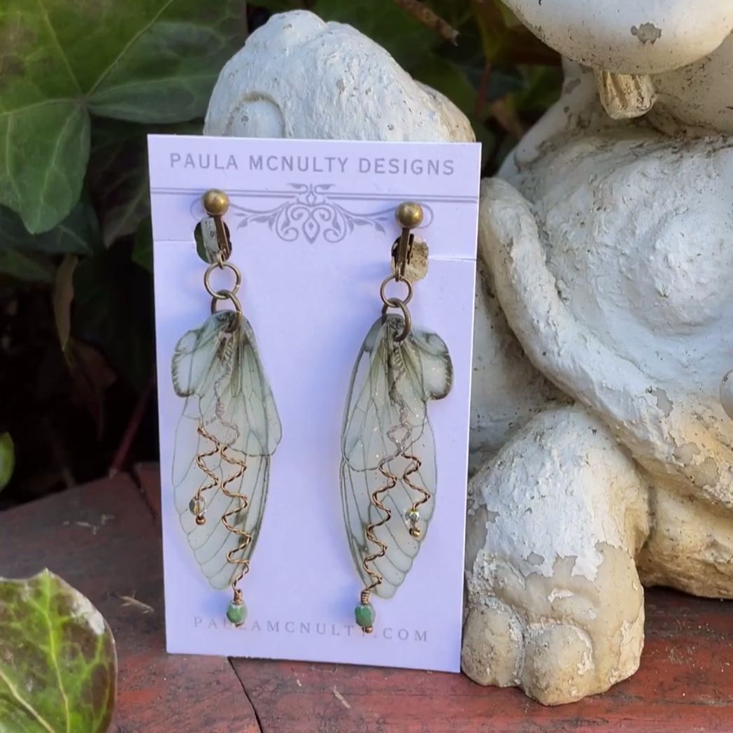 Green translucent butterfly wing earrings with wired crystals and clip on earrings