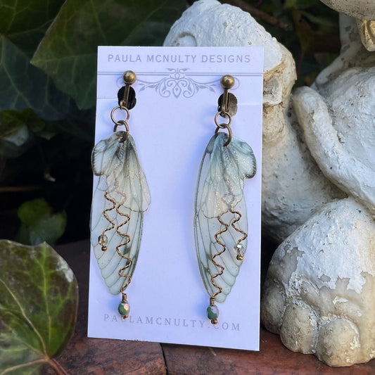 Green translucent butterfly wing earrings with wired crystals and clip on earrings