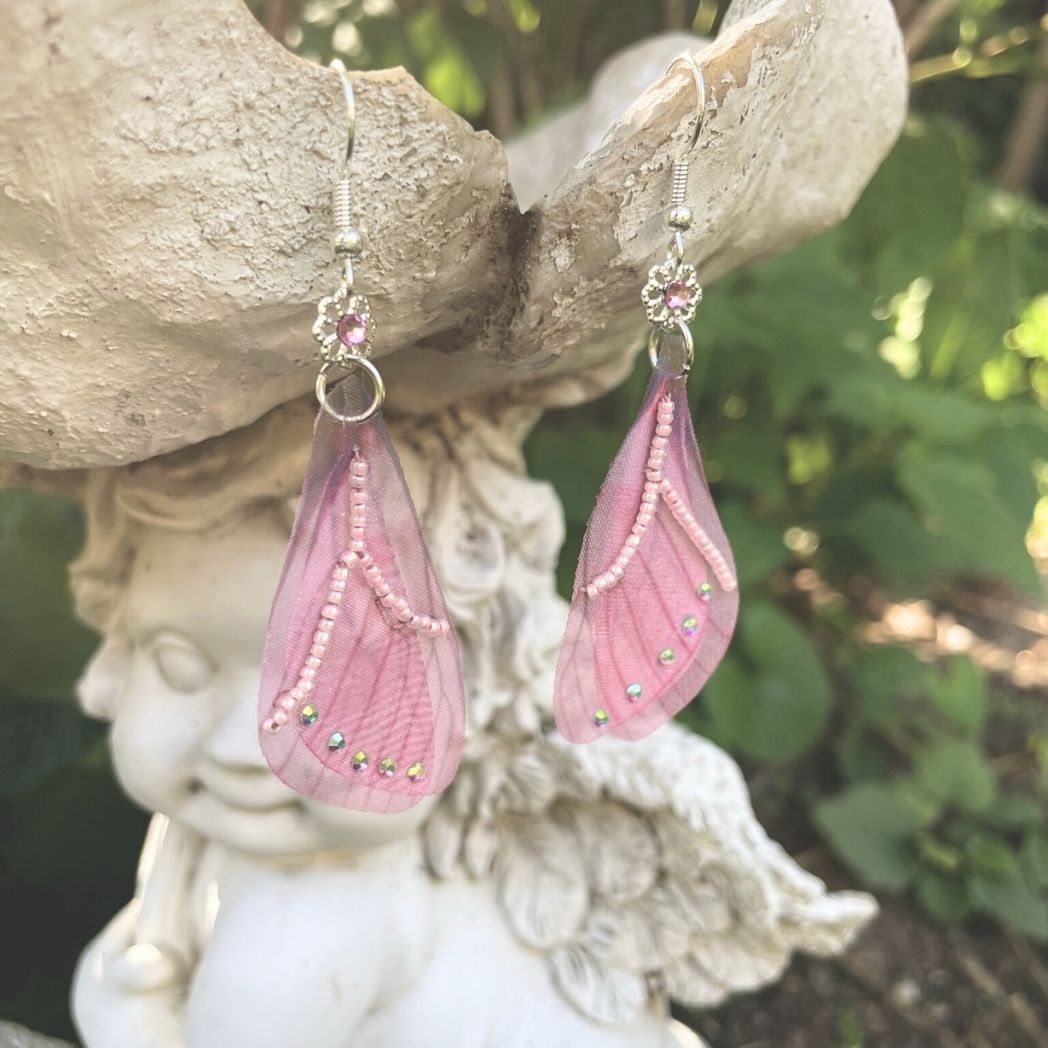 Pink Crystal Beaded Fabric Butterfly Wing Earrings