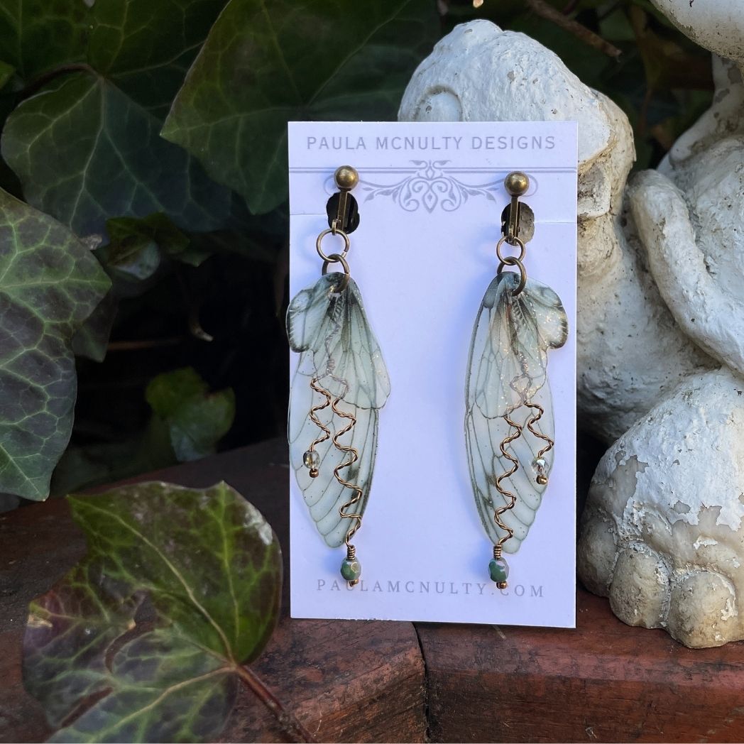 Green translucent butterfly wing earrings with wired crystals and clip on earrings