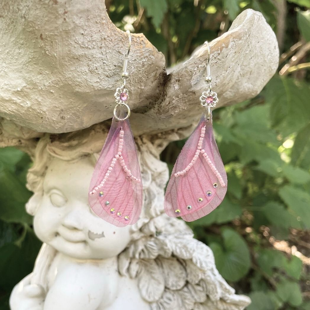 Pink Crystal Beaded Fabric Butterfly Wing Earrings