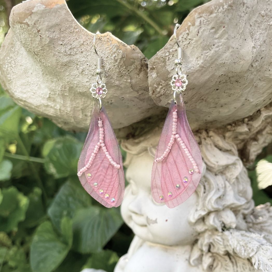 Pink Crystal Beaded Fabric Butterfly Wing Earrings