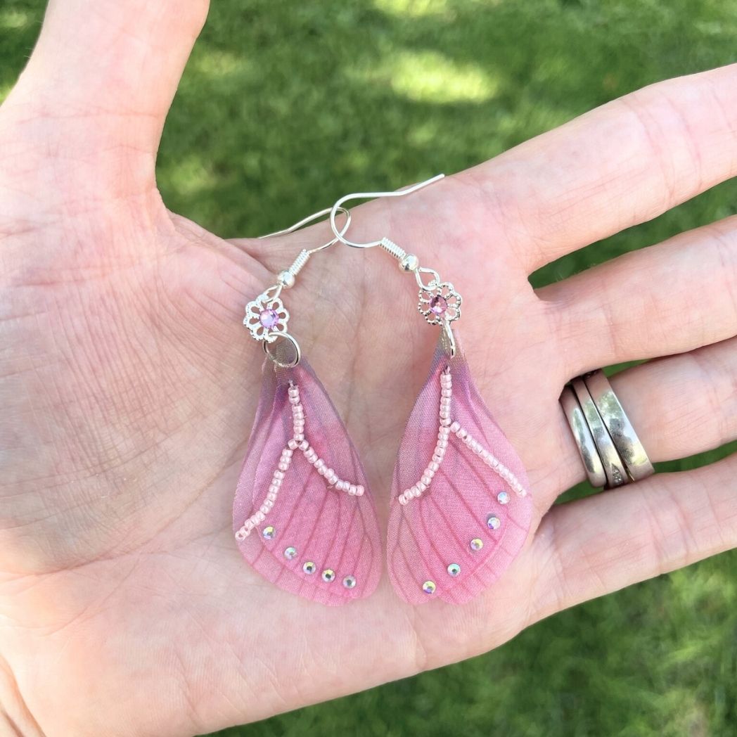 Pink Crystal Beaded Fabric Butterfly Wing Earrings