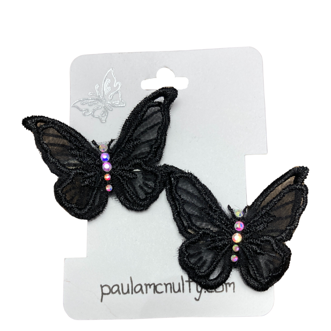 Black applique butterfly alligator hair clips with your choice of crystals on card