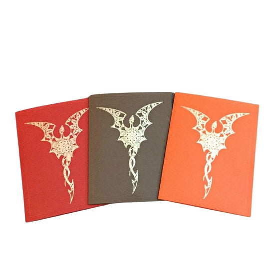 3 Gold ink drawn dragon blank notecards in red, brown and orange.