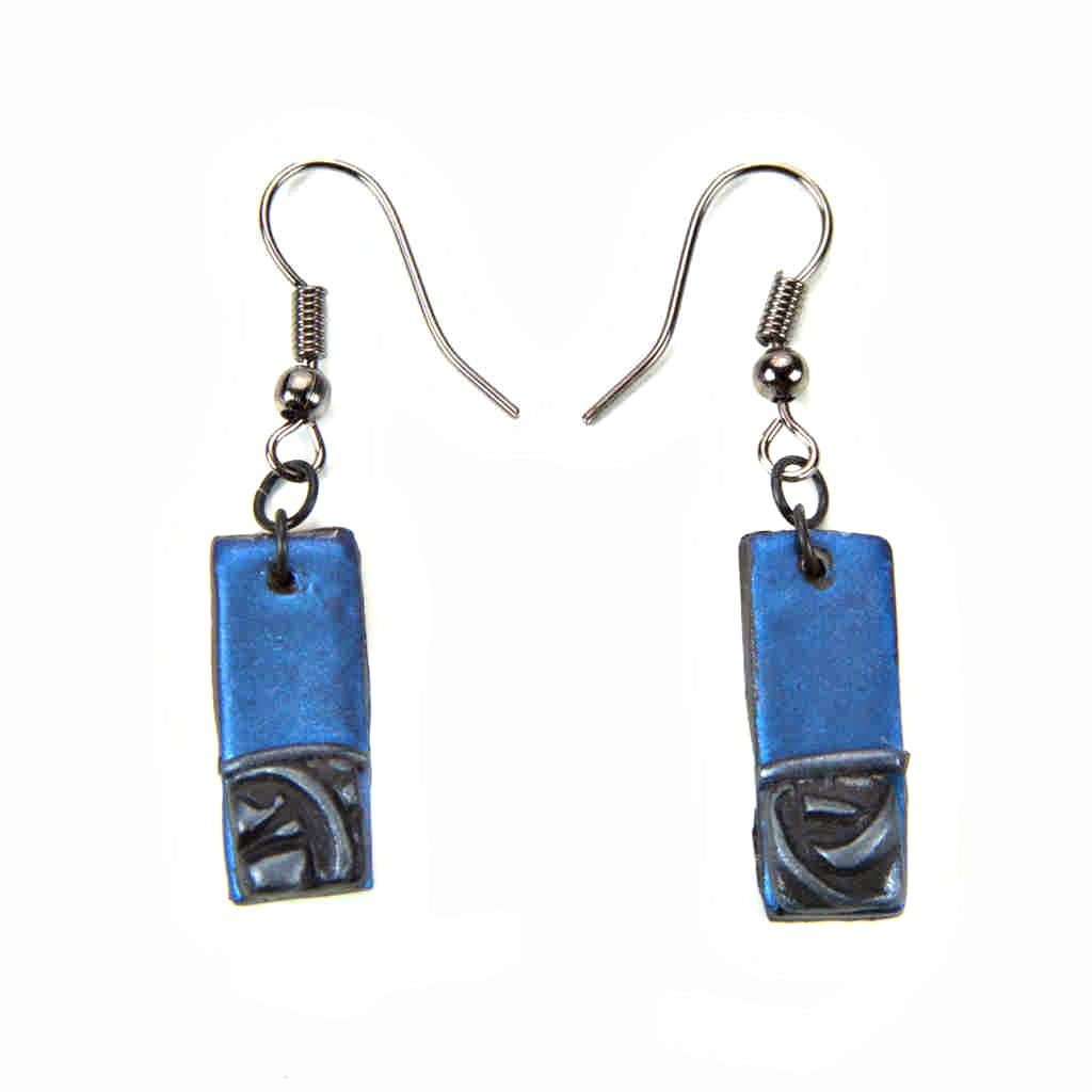 Small clay rectangle earrings with silver textured clay detail.
