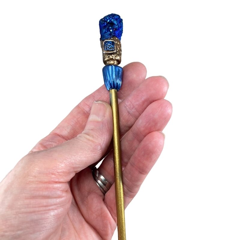 Blue Druzy agate crystal hair stick with Blue and gold Celtic Knot design
