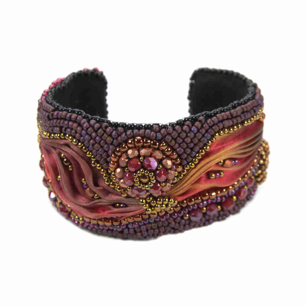 Magnificent Shibori beaded bangle in purple, red, bronze, and gold