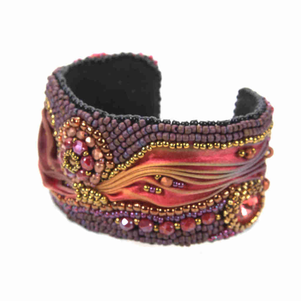 Magnificent Shibori beaded bangle in purple, red, bronze, and gold