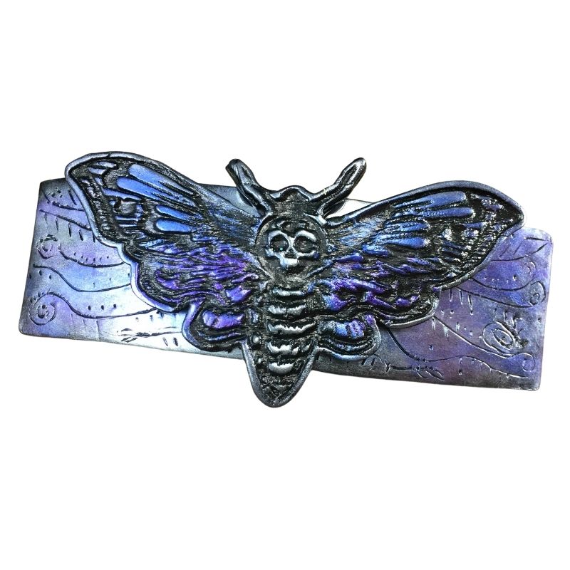 A purple and silver Death's head hawk moth hair barrette