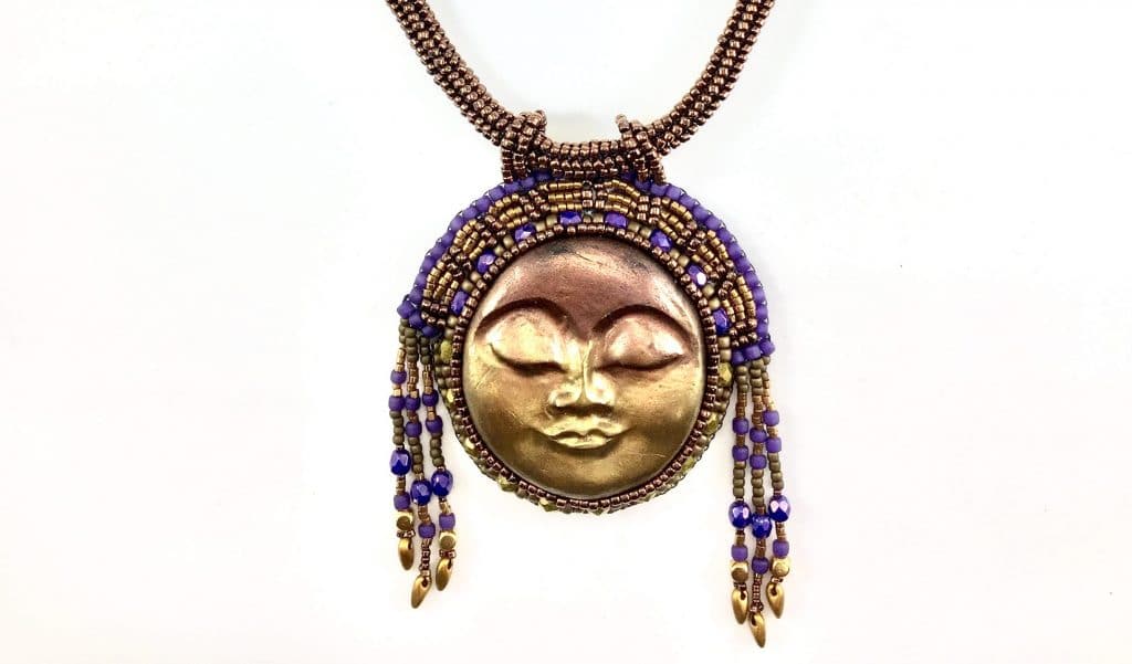 Egyptian sun goddess statement beaded gold art necklace with beaded headdress and beaded chain
