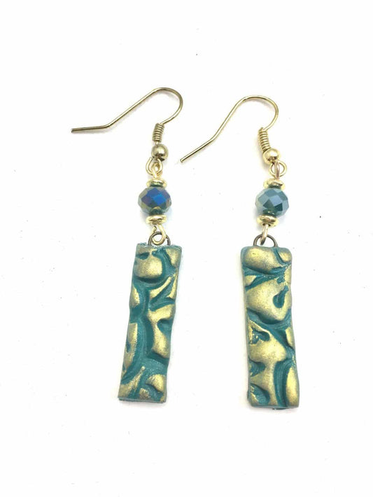 Teal & gold bar earrings with green crystals and gold accents.