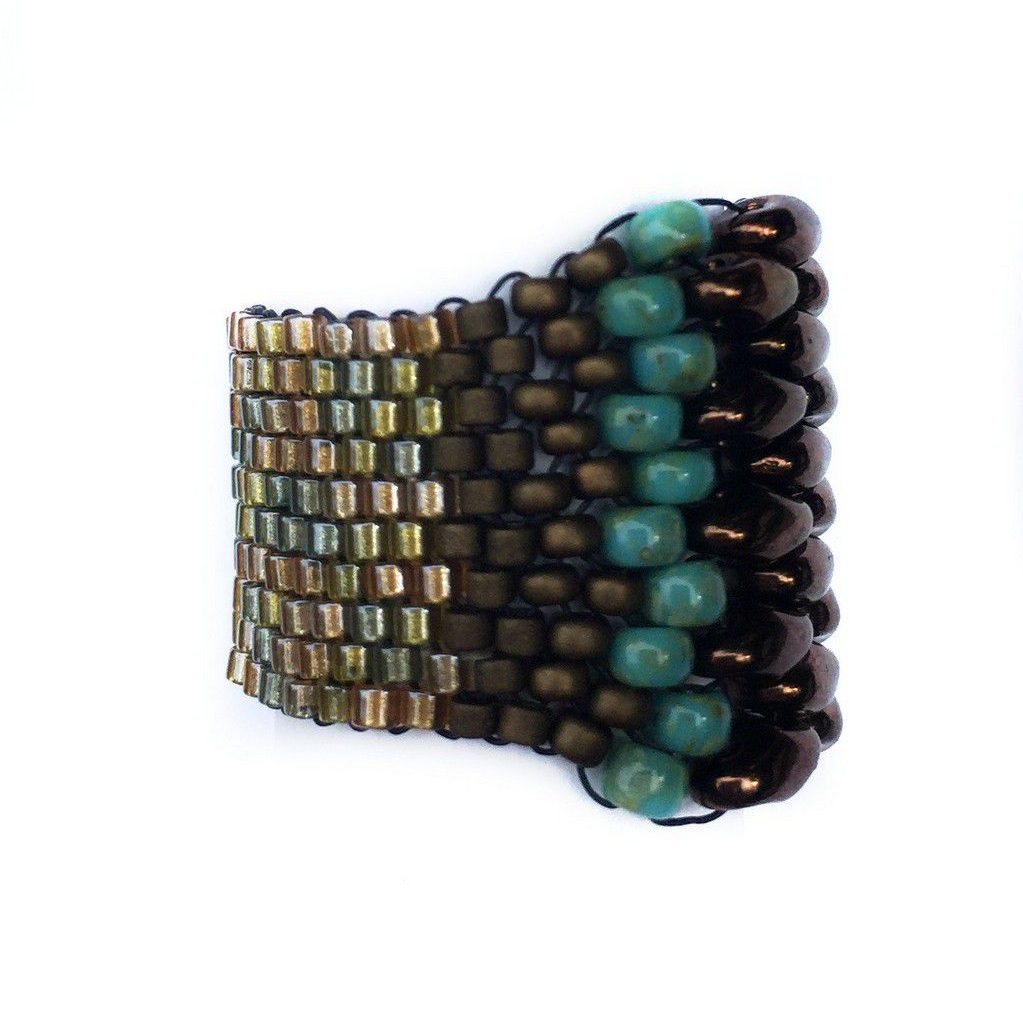 Side profile of teal,brown and gold seed bead ring.
