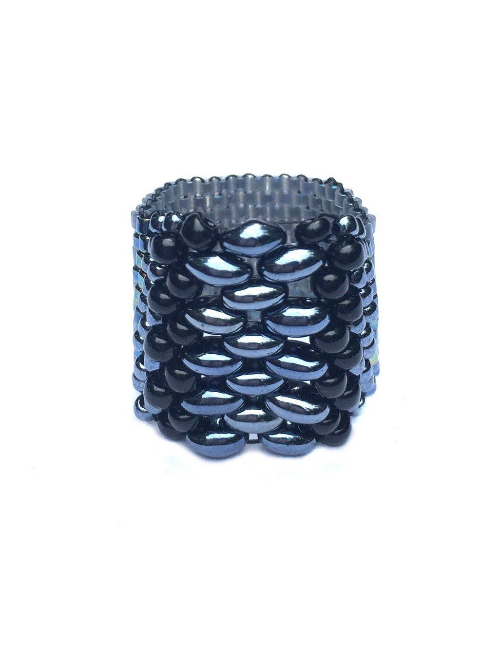 Front view of wide band ring fully beaded in hematite, black, and blue, super comfortable