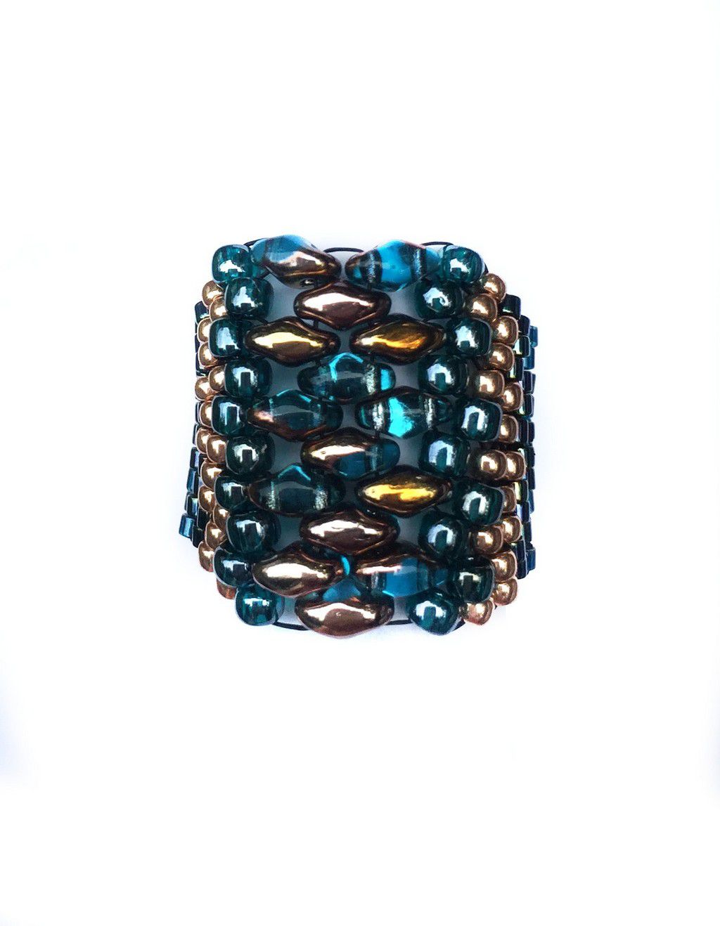 Front view of turquoise and gold seed bead cuff ring