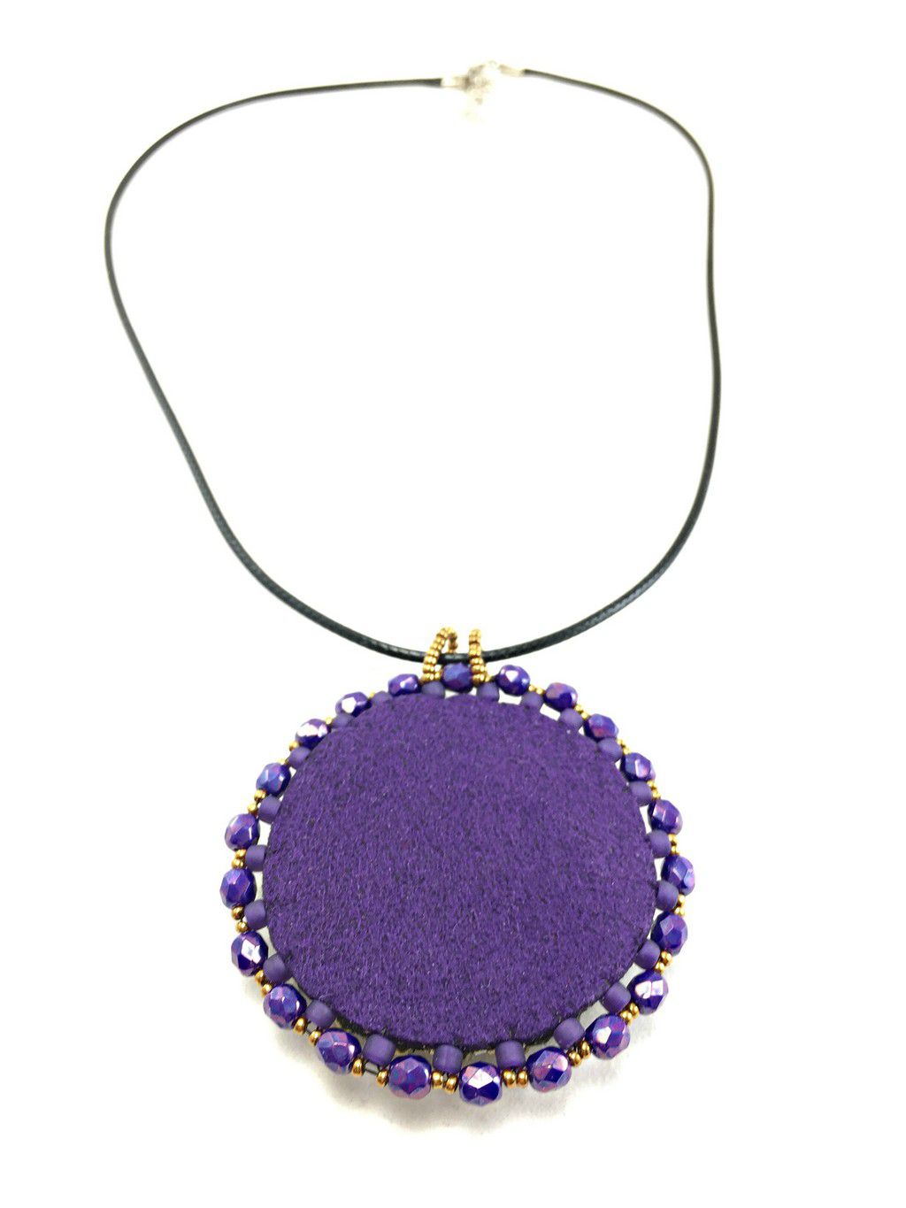 Back of round purple and gold celtic love knot beaded pendant