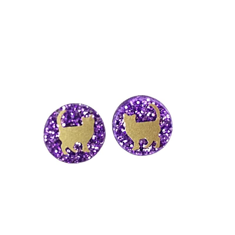 Round purple, glitter stud earrings with gold kitty cat motif.
