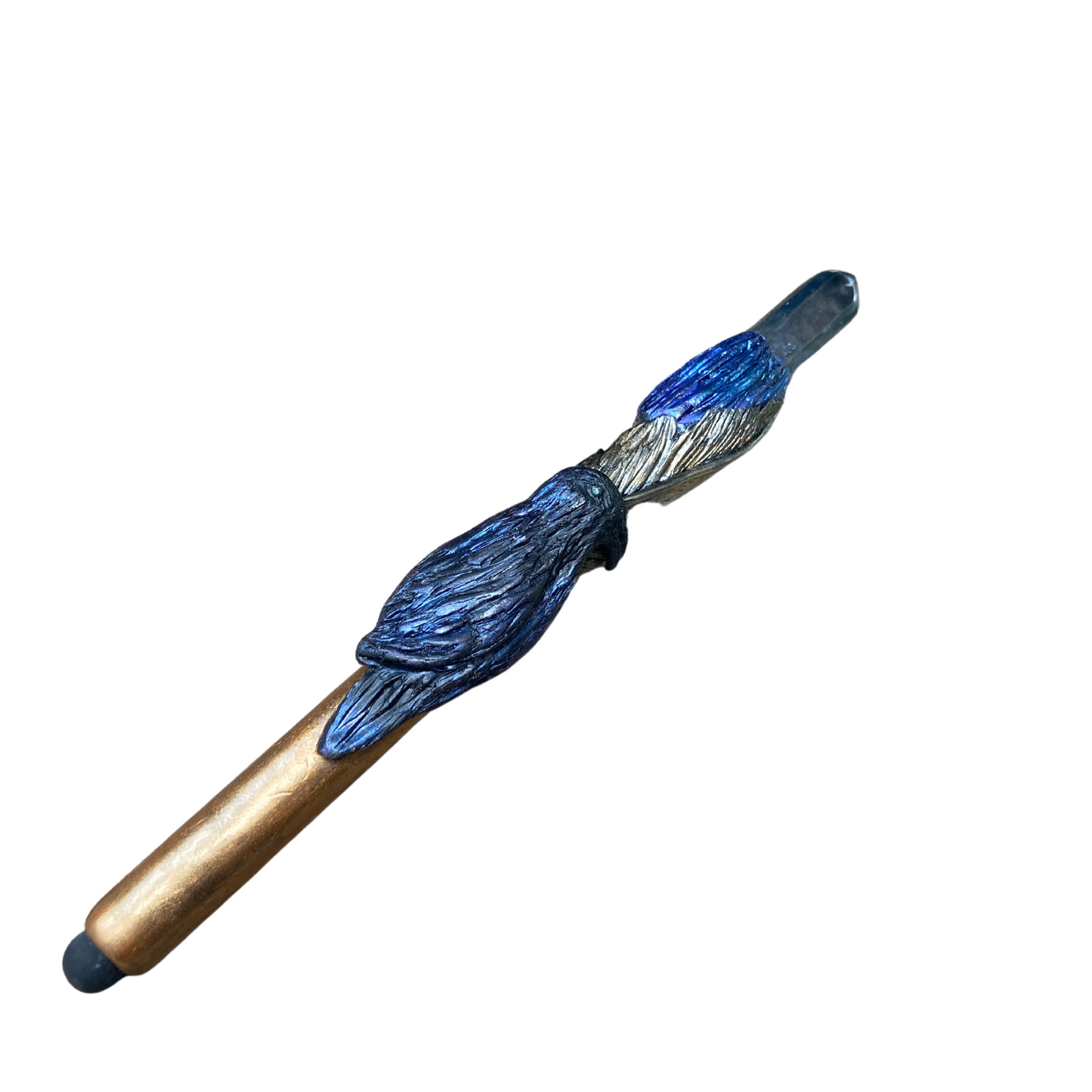 raven bird with fold feather and raw blue crystal phone stylus