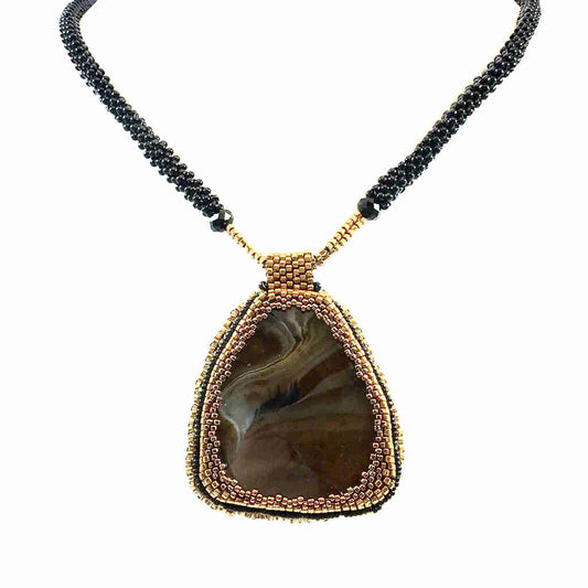 Large Brown Agate gemstone necklace with gold seed bead edging with gold and black seed bead chain.