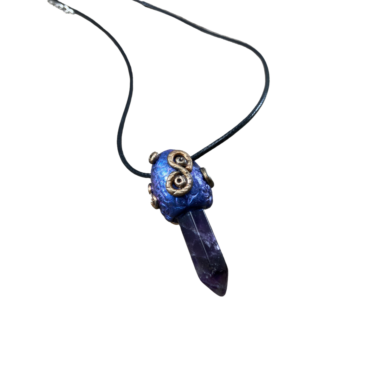 Amethyst Crystal point necklace with purple polymer clay bail with snake design and purple crystal in center