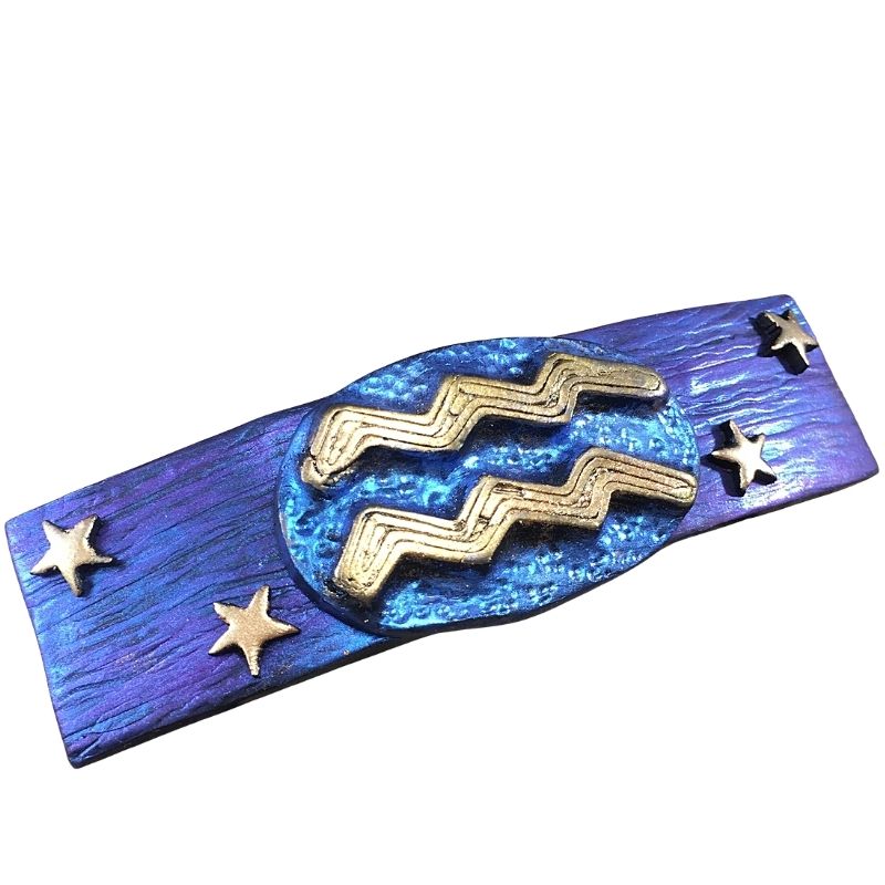 Blue hair clip with Aquarius zodiac sign in gold with gold stars.