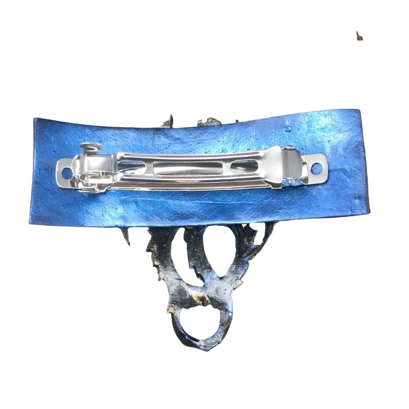 Back of Blue dragon hair barrette showing 3 inch metal barrette clip.