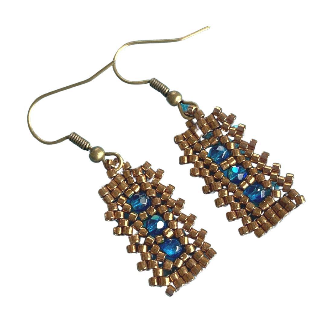 blue zircon crystal gold rectangle beaded earrings