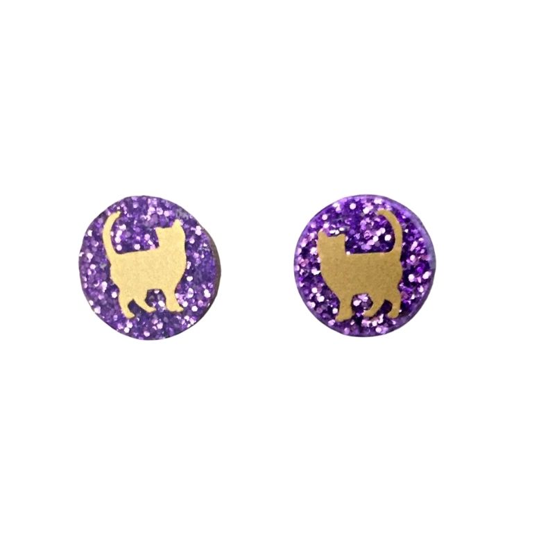Round purple, glitter stud earrings with gold cat motif.