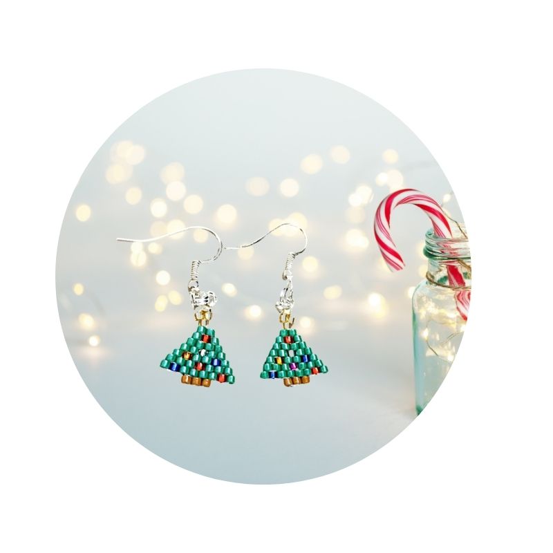 Green seed bead christmas tree earrings