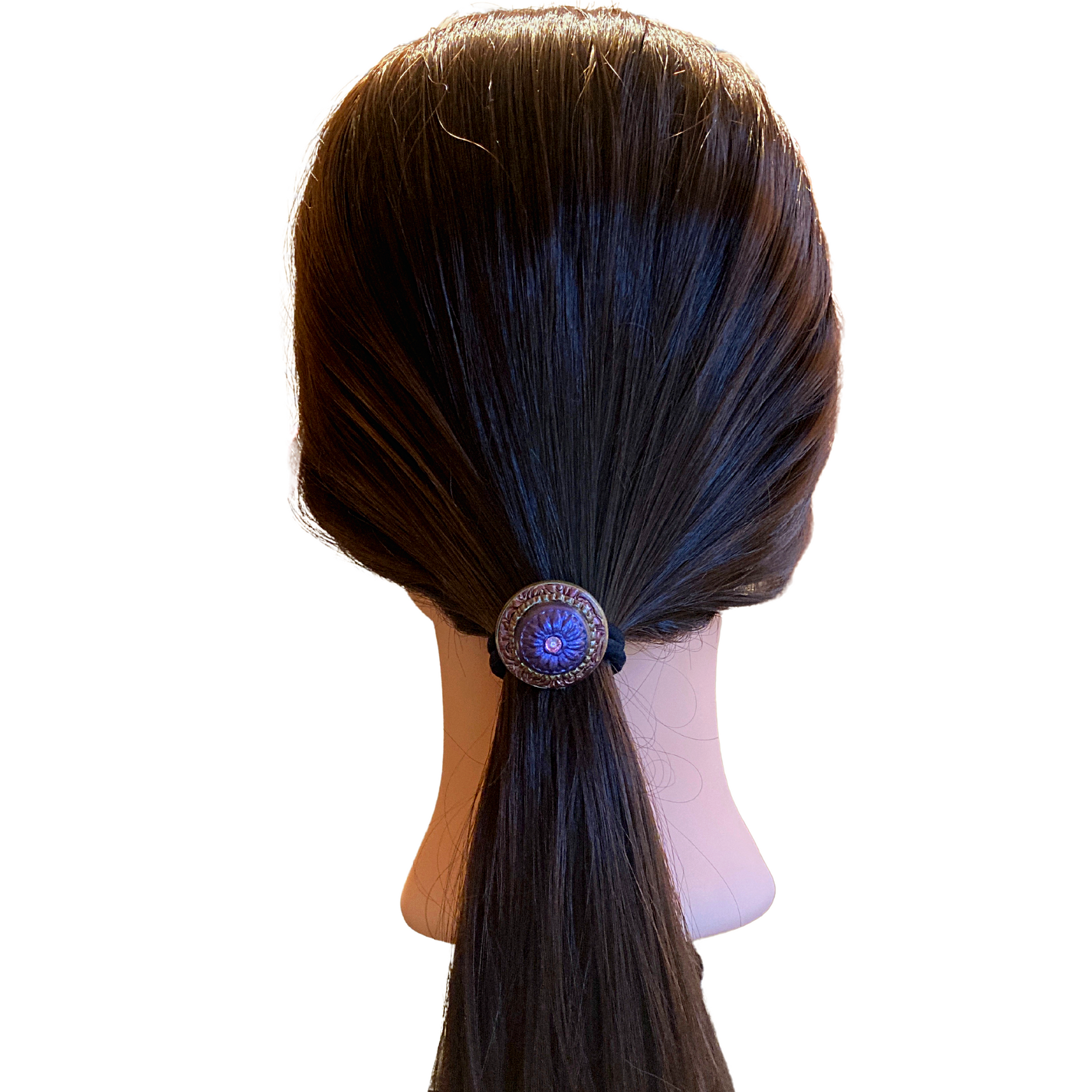 polymer clay purple daisy with crystal hair tie on model