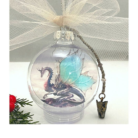 dragon christmas floating ball ornament with dragon charm and tulle bow.