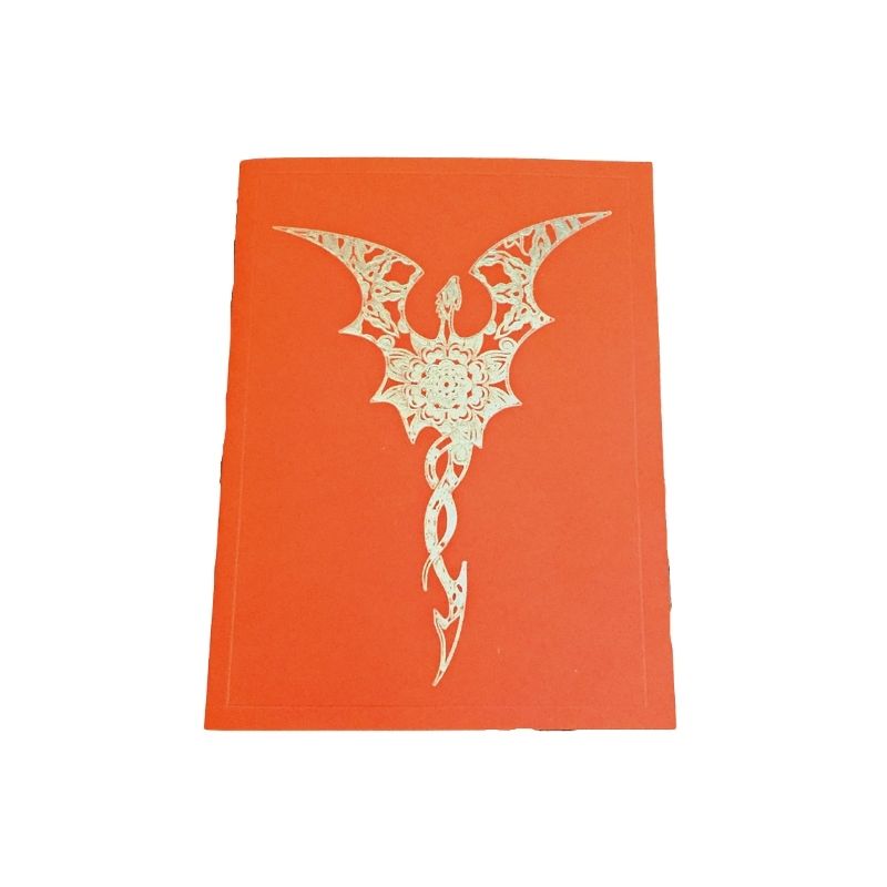 Greeting card with gold ink drawn dragon image on  dark orange cardstock.