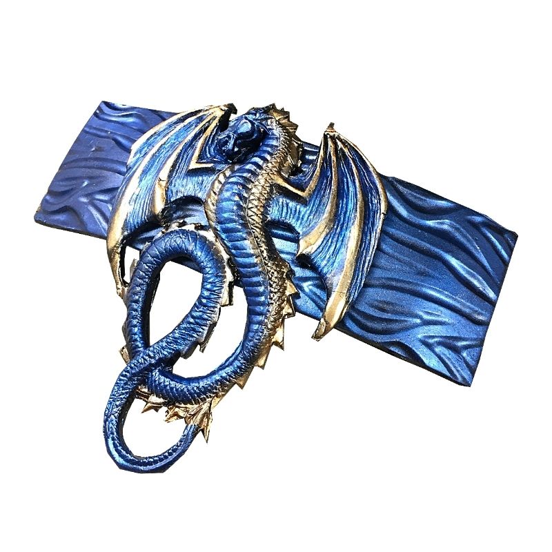 Blue and gold polymer clay dragon hair barrette