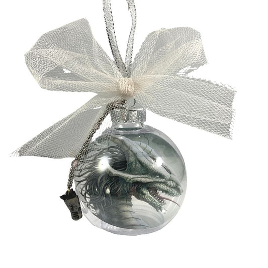 dragon head christmas ornament with dragon charm and tulle bow.