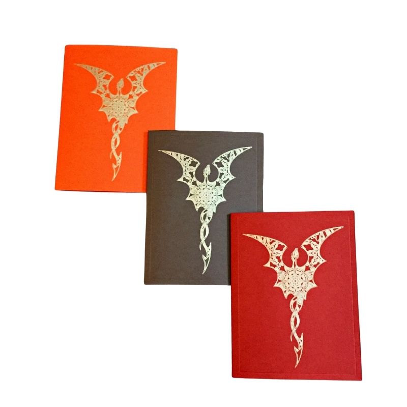 3 Gold ink drawn dragon blank notecards in red, brown and orange.