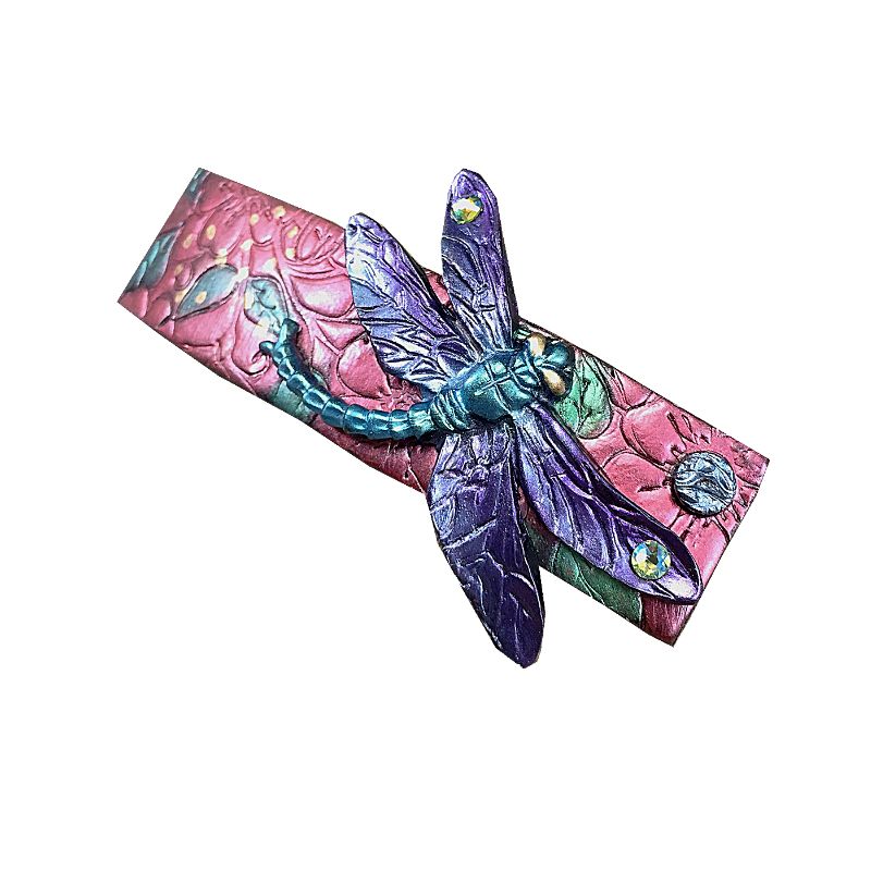 Dragonfly polymer clay hair barrette with pink base and purple and green dragonfly.