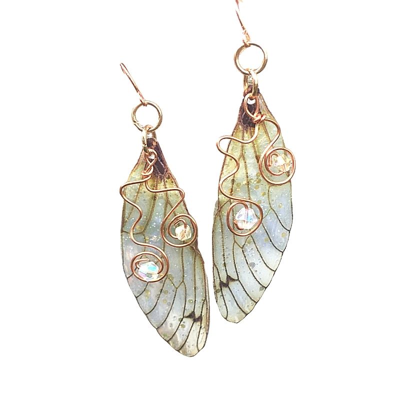 Yellow cicada fairy wing earrings with copper wired crystals