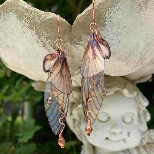 Brown translucent butterfly wings earrings with copper wired crystals and copper ear wires