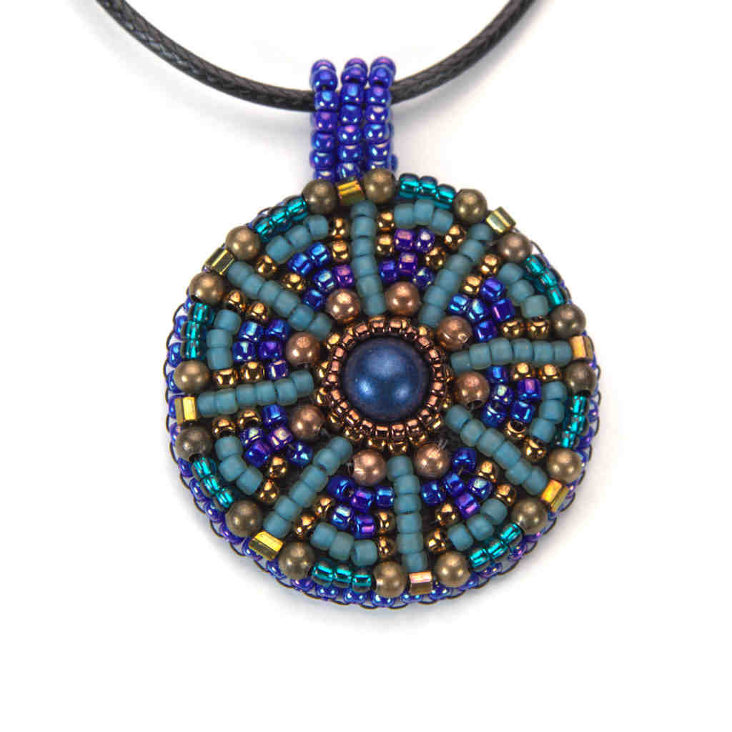 Beaded Mandala pendant and ring set in turqoise, blue, and gold