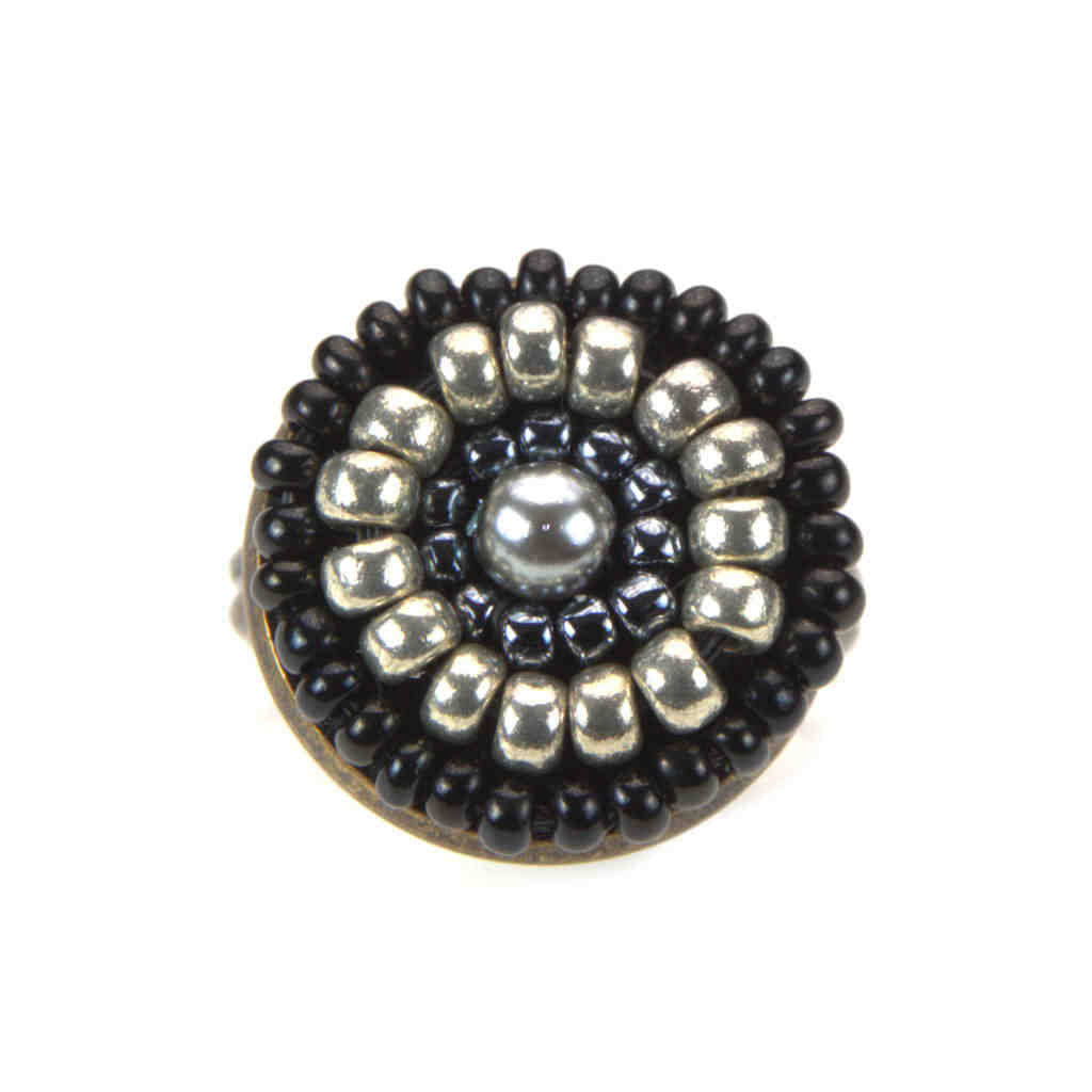 Front close up of mandala ring black, silver