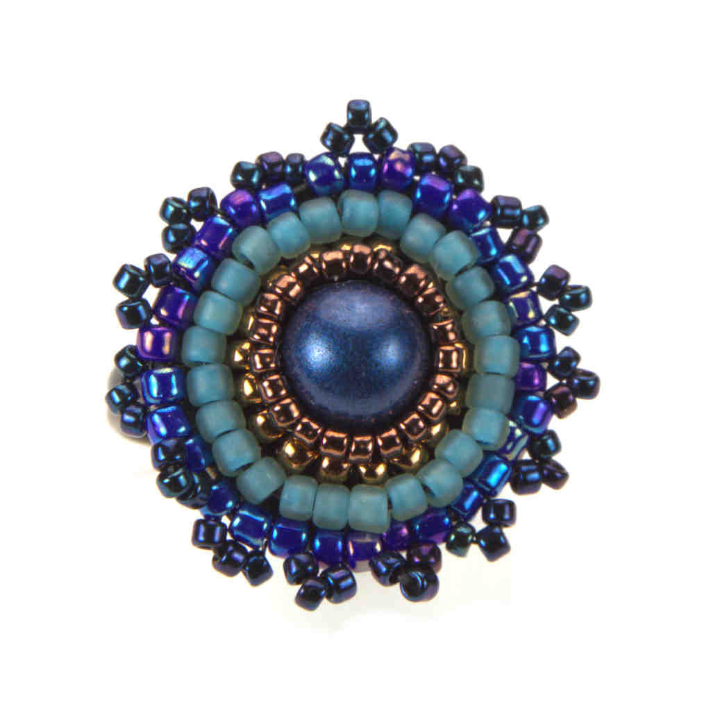 Beaded mandala ring purple, blue, bronze