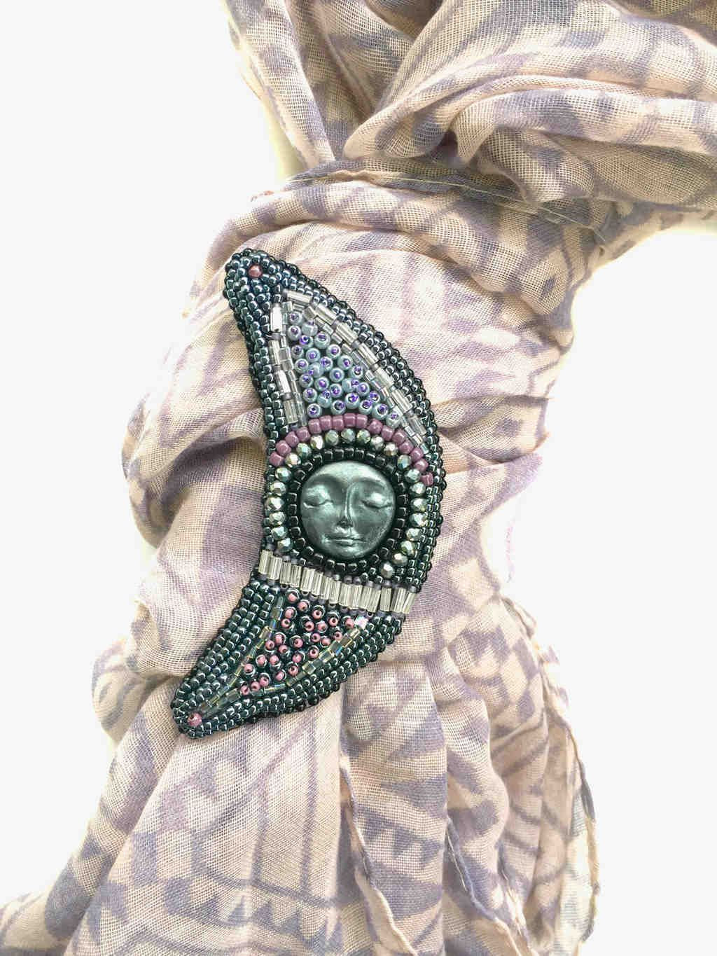 Elaborate crescent moon art moon face beaded brooch pin, shawl pin
